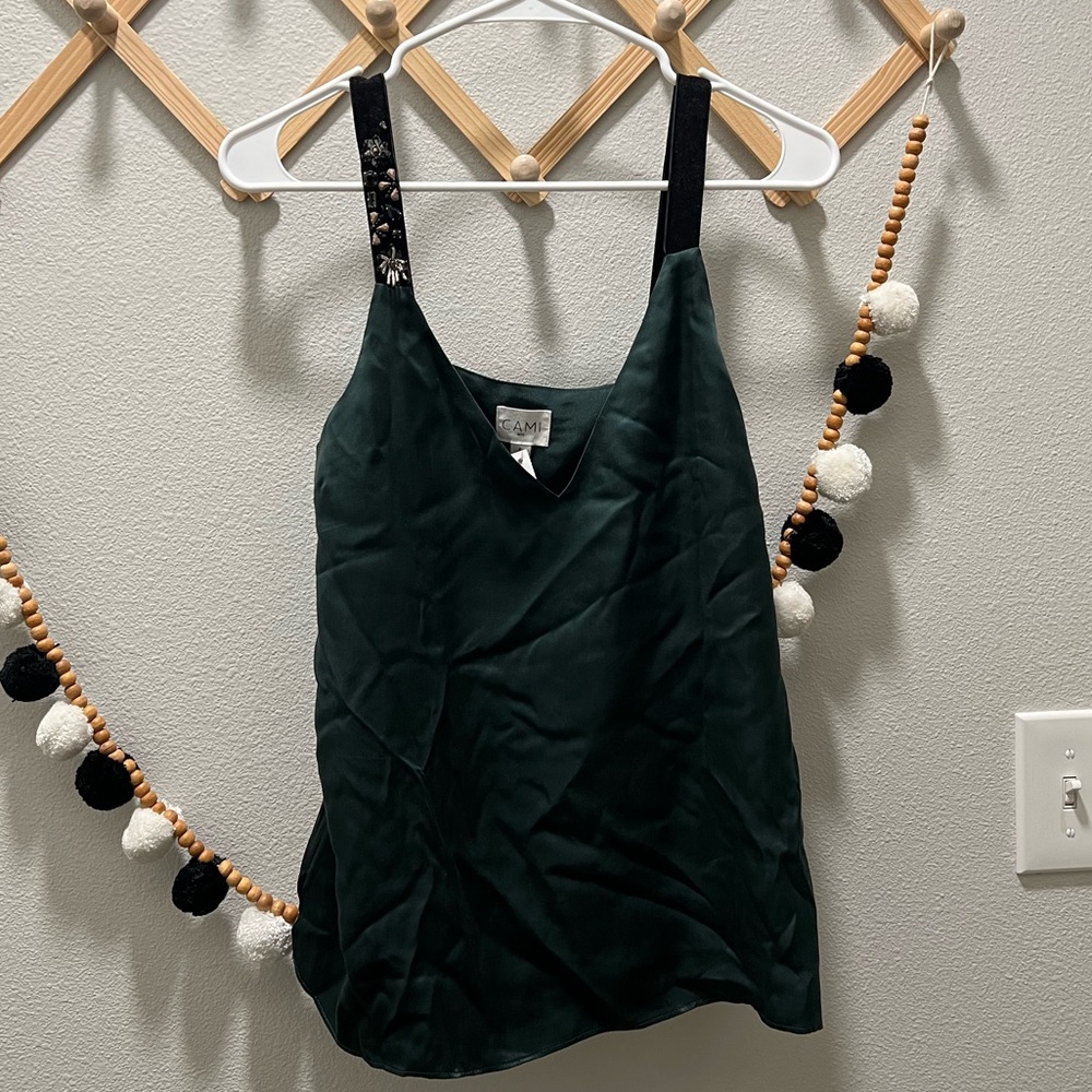 Cami NYC Dark Green Silk Top with Black Straps